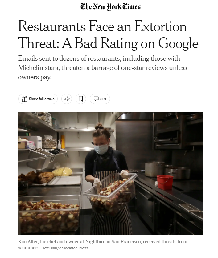 The New York Times — Restaurants Face an Extortion Threat
